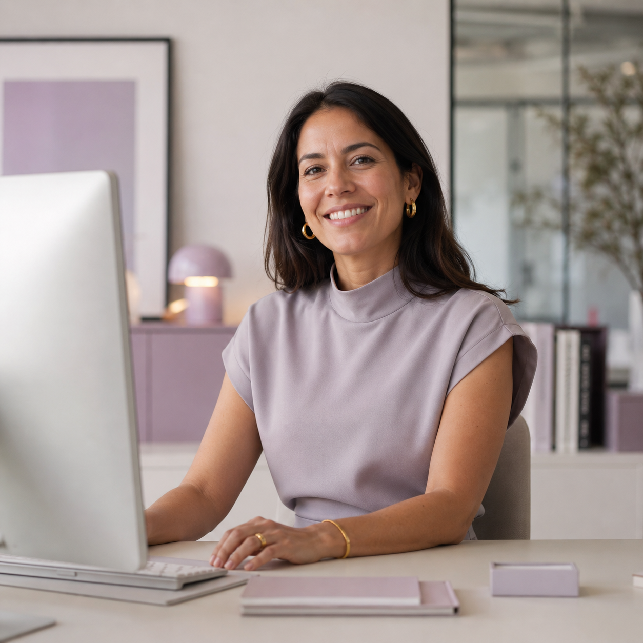 Agency owner at her desk, then meeting with her team